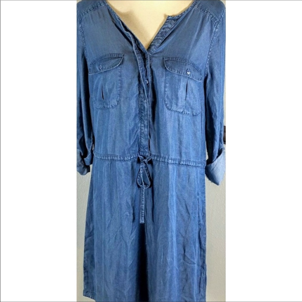 Chambray Button Front Drawstring Shirtdress - image 1
